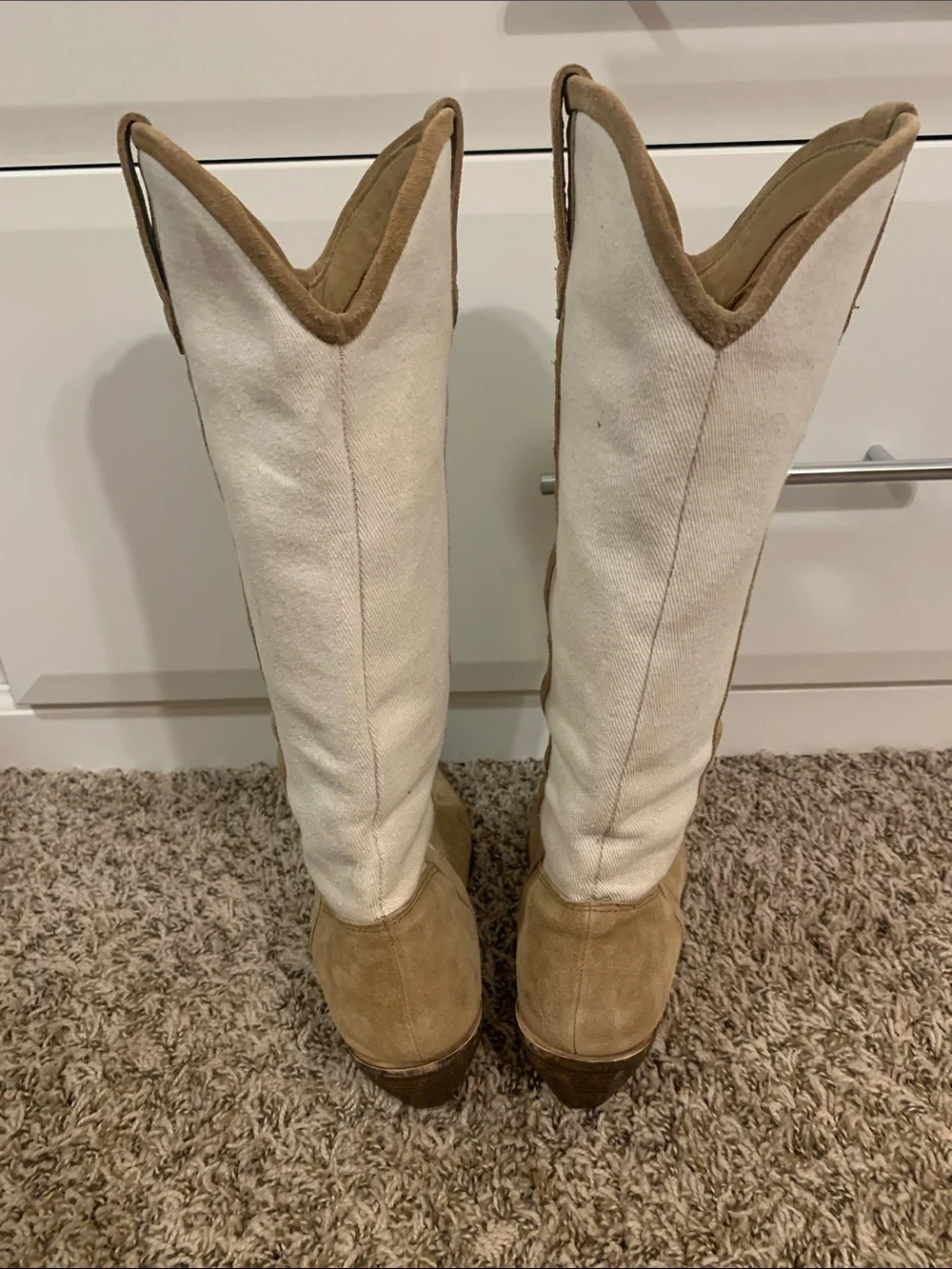 Urban Outfitters UO Leslie Tall Cowboy Boots in Tan and Cream